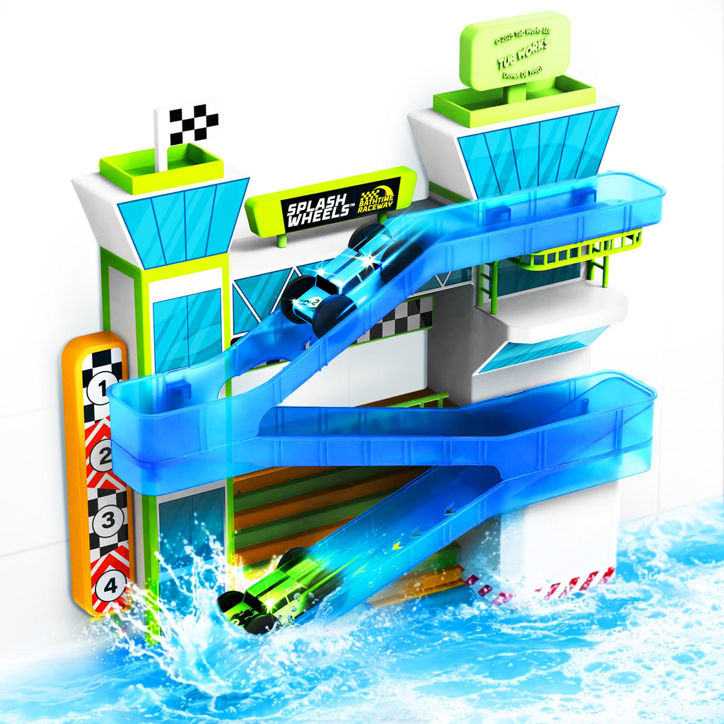 Tub Works® Splash Wheels™ Bathtime Raceway Car Ramp Toddler Bath Toy | Race Car Track with 2 Water-Activated Light-Up Racers | Light Up Bath Toys Flash & Change Colors | Engaging Bathtub Toys for Kids