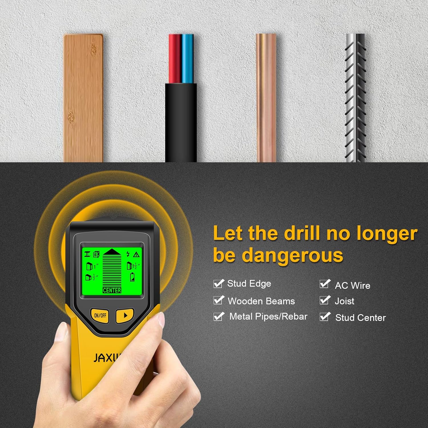 Stud Finder Wall Scanner - 5 in 1 Stud Finder Tool w/Microprocessor Chip and HD LCD Display, Stud Detector Beam Finders for the Center and Edge of Wood AC Wire Metal Studs Joist Pipe (Yellow Pear)