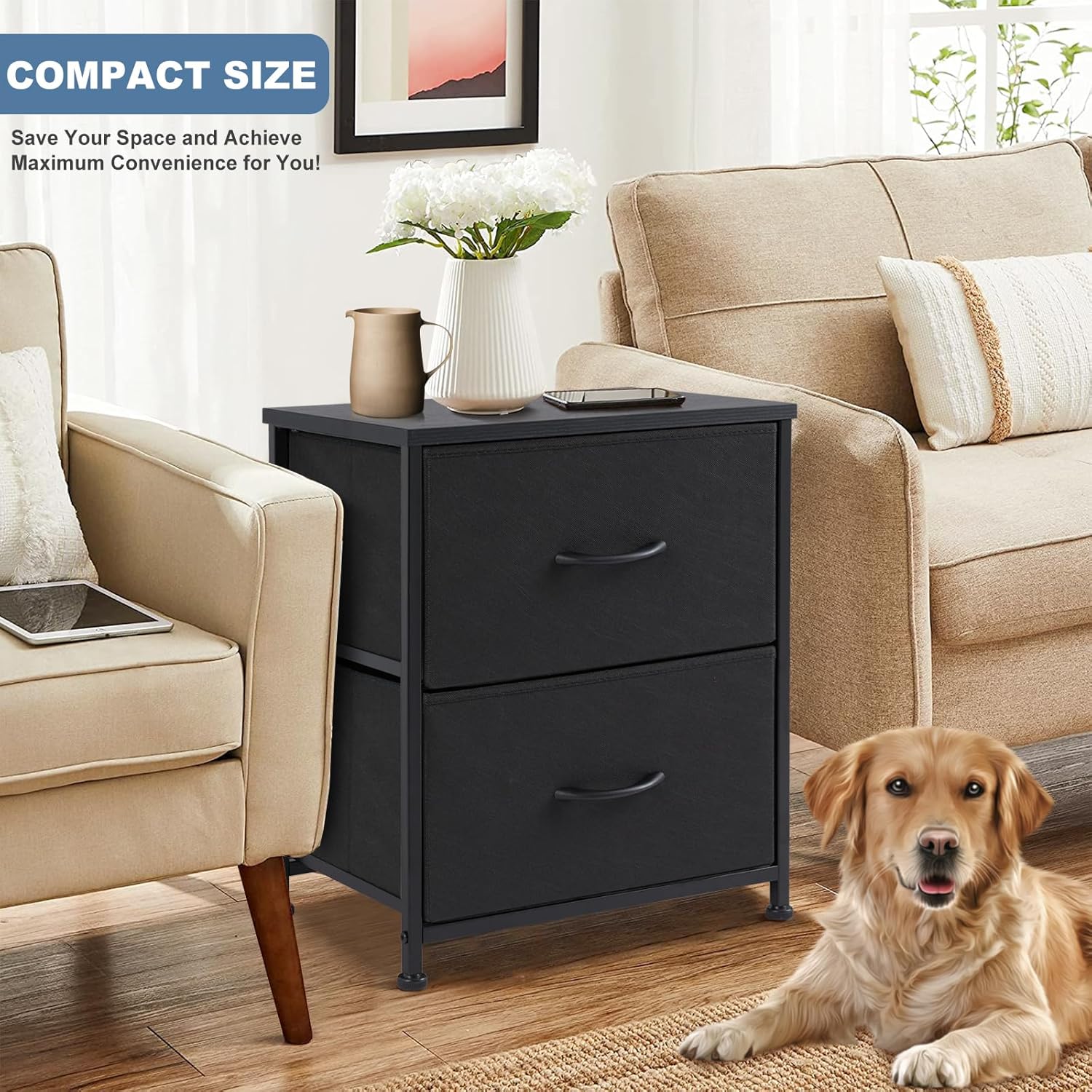 DUMOS Nightstand Small Dresser with 2 Fabric Drawers Side Tables Bedroom End Table Bedside Storage Furniture for 20 inch Tall Night Stand for Entryway, College Dorm, Classic Black