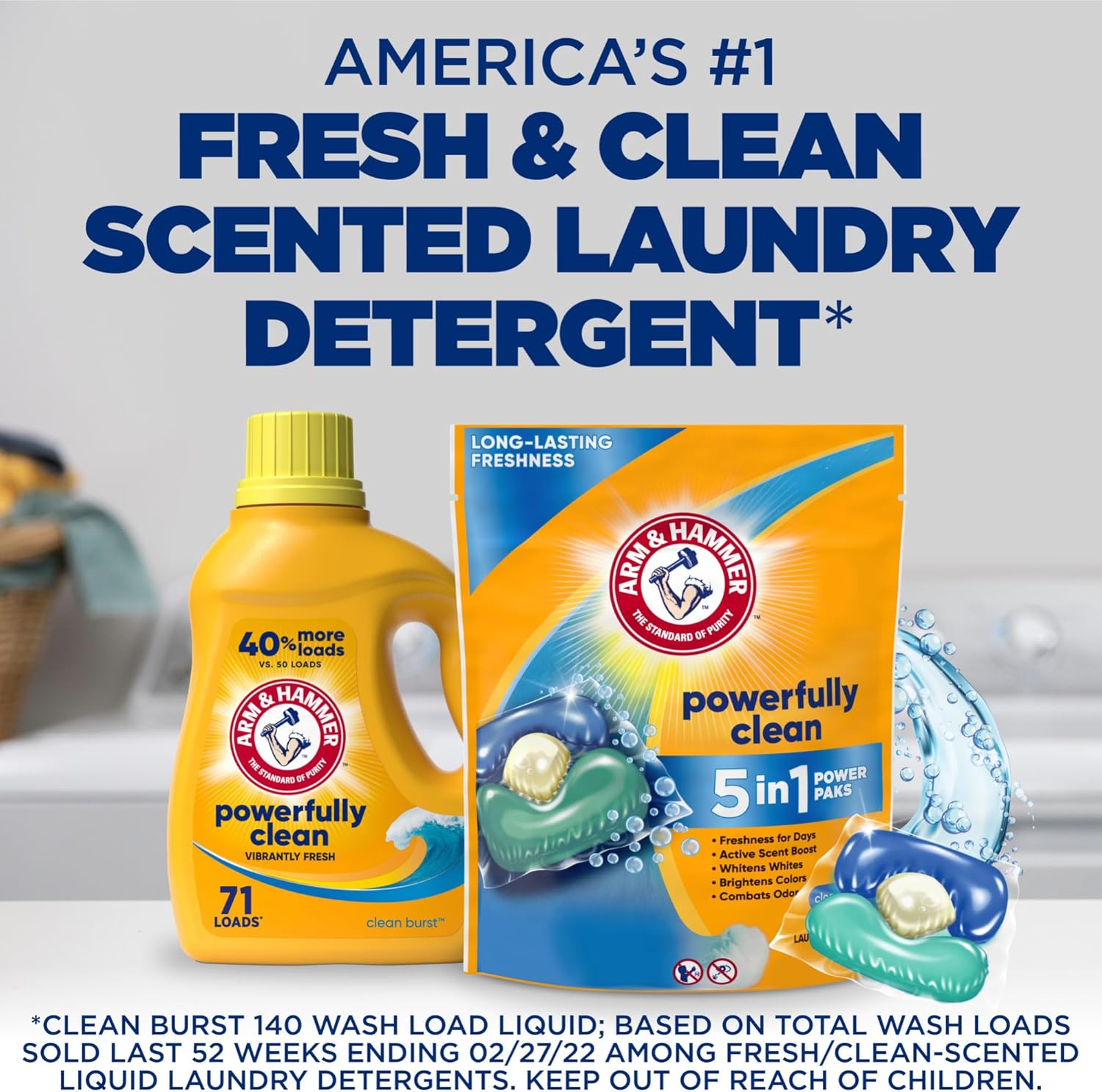 Arm & Hammer Clean Burst 5-in-1 Laundry Detergent Power Paks, High Efficieny (HE), 42 Count
