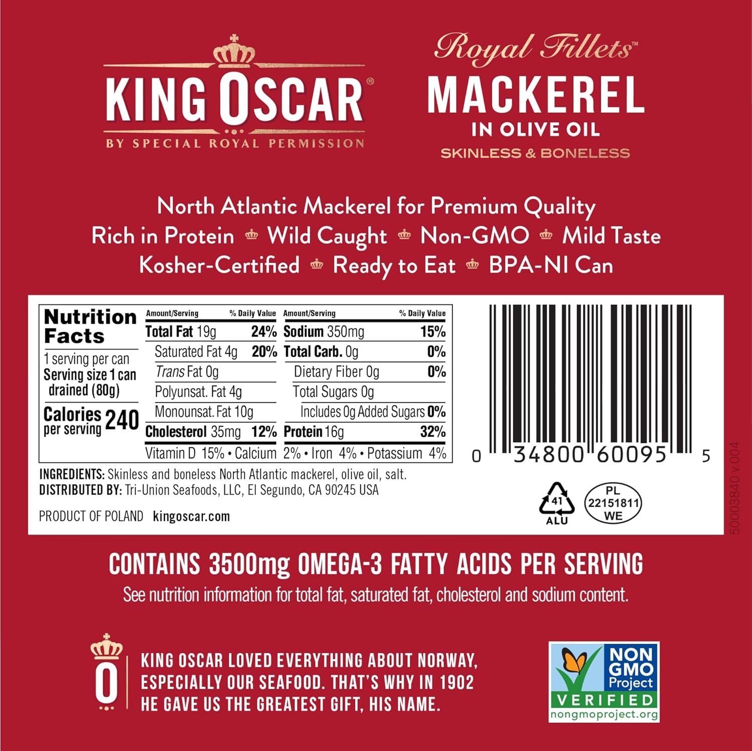 King Oscar Mackerel in Olive Oil, 4.05 Ounce Can (Pack of 6, Packaging May Vary), Skinless & Boneless, Wild Caught Canned Mackerel