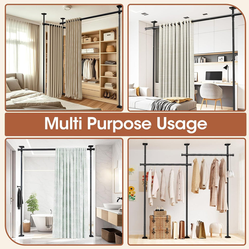 Room Divider No Drilling Curtain Rod Wall Divider for Room Separation, 4-10ft(H) 28-114inch(W) Adjustable, Heavy Duty Partition Space Separator Freestanding Tension Curtain Stand, Black