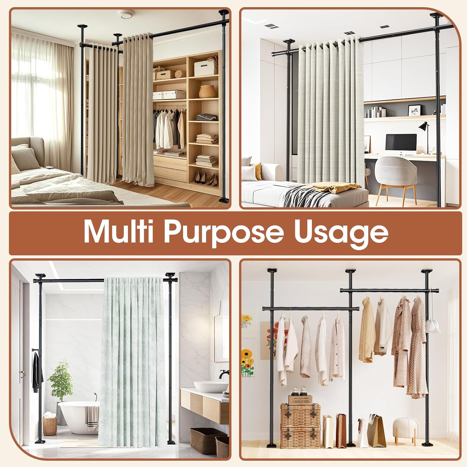 Room Divider No Drilling Curtain Rod Wall Divider for Room Separation, 4-10ft(H) 28-114inch(W) Adjustable, Heavy Duty Partition Space Separator Freestanding Tension Curtain Stand, Black