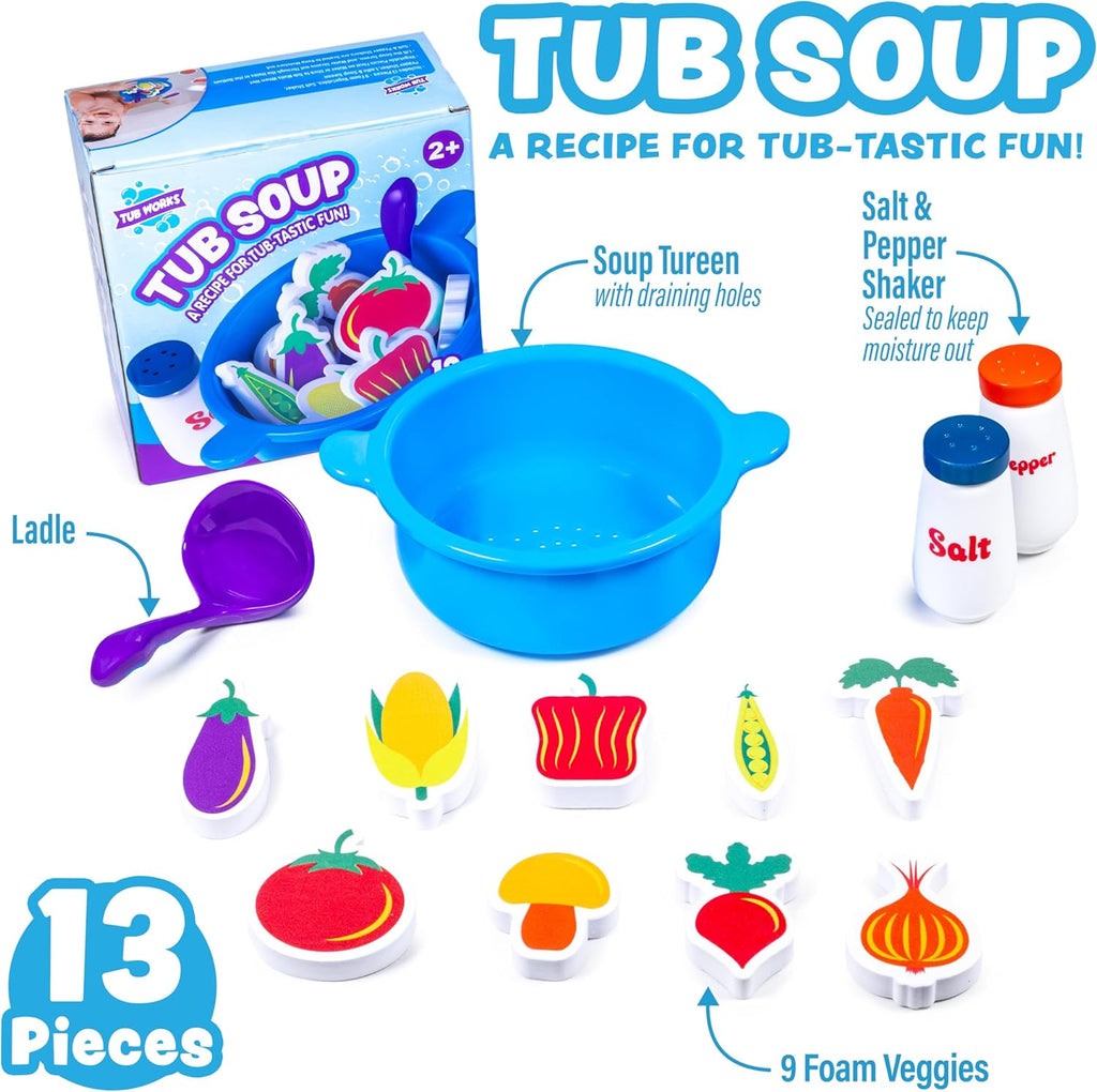 Tub Works® Tub Soup™ Scoop, Strain & Play Toddler Bath Toy | Floating Foam Veggies, Ladle for Scooping & Soup Pot for Straining | Pretend Play Cooking Kids Bath Toys | Creative Bathtub Toys