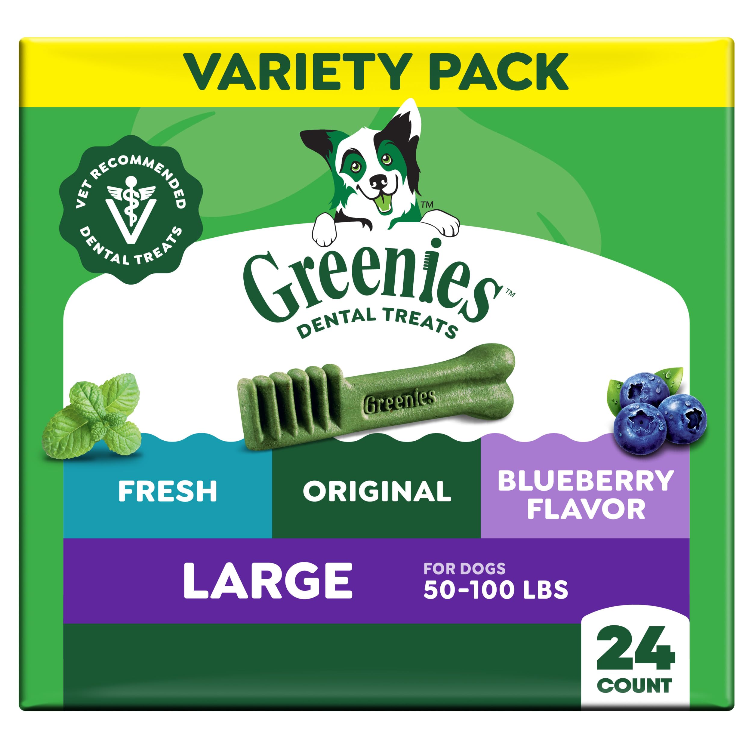 Greenies Dog Treats, Veterinarian-Recommended Natural Dental Dog Treats, Large Size, Variety Pack Flavor, (3) 12 oz. Packs, 24 Count