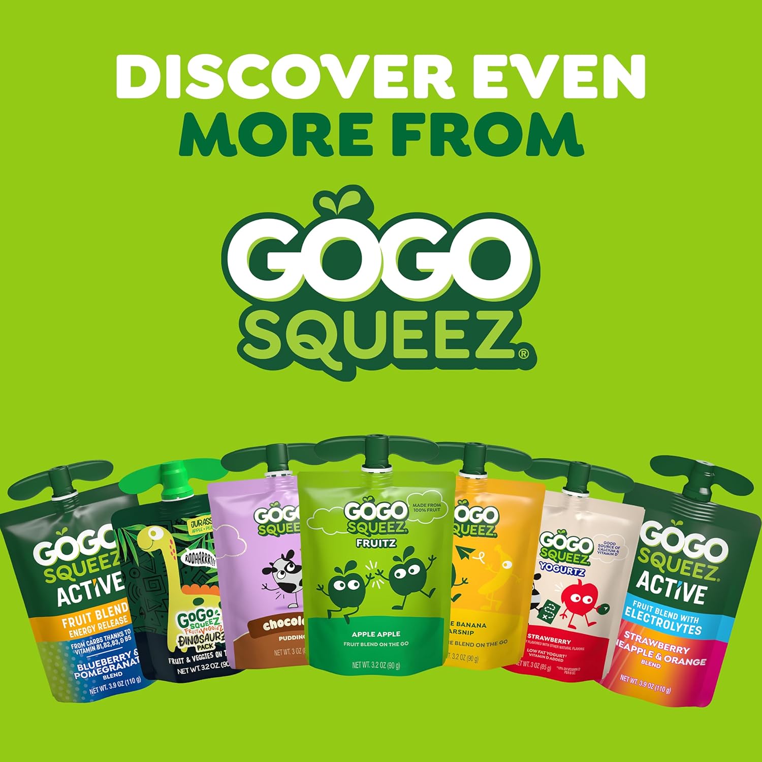 GoGo squeeZ Fruit & veggieZ Applesauce and Puree Variety Pack, Jurassic Pear, Roarrrr Berry & Prehistoric Peach, 3.2 oz (Pack of 20), Unsweetened Snacks for Kids, BPA Free Pouches
