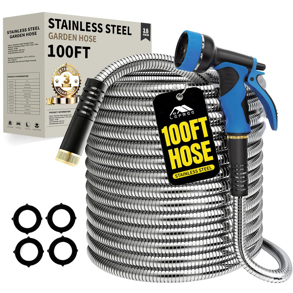 Lefree 100ft Metal Garden Hose - Heavy Duty 304 Stainless Steel Flexible Water Hose, No Kinks & Leak-Proof with Upgraded Handle, 10-Function Spray Nozzle & 4 Spare Gaskets for Yard, RV, Pet Bath