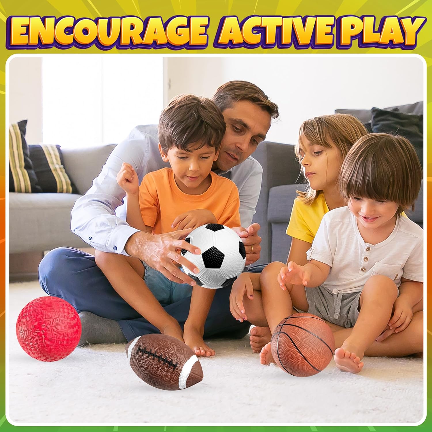 Bedwina Sports Balls for Kids & Toddlers - 5-inch Sports Balls Set Includes Football, Small Soccer Ball, Basketball, and Playground Balls, Fun Indoors & Outdoor Toys (Hand Pump Included)