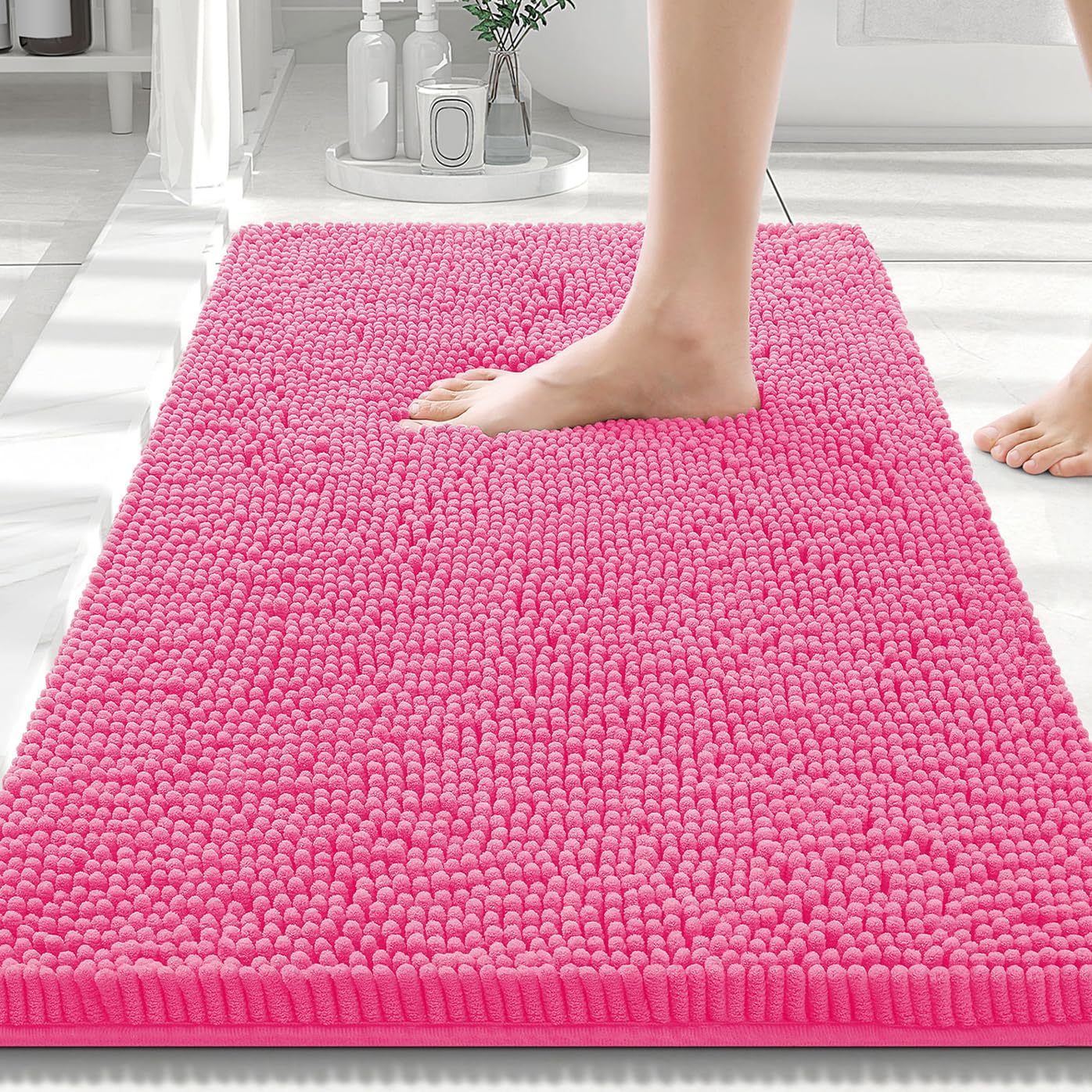 Smiry Luxury Chenille Bathroom Rugs 30x20, Extra Soft and Absorbent Shaggy Bath Mat, Machine Washable, Non-Slip Plush Carpet Runner for Tub, Shower, and Floor, Home Decor Accessories, Hot Pink