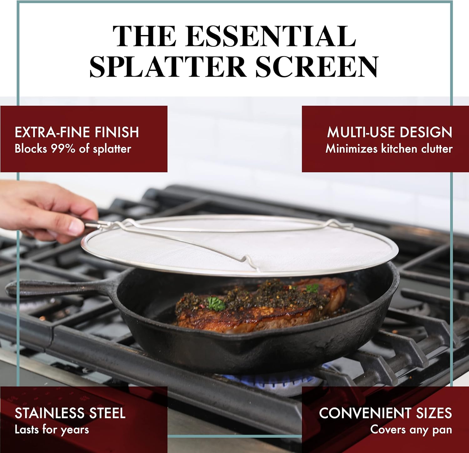 BergKoch Splatter Screen for Frying Pan - 13 Inch Stainless Steel Grease Splatter Guard - Cover Oil Splash when Sizzling Bacon, Cooking Fried Chicken or Popcorn