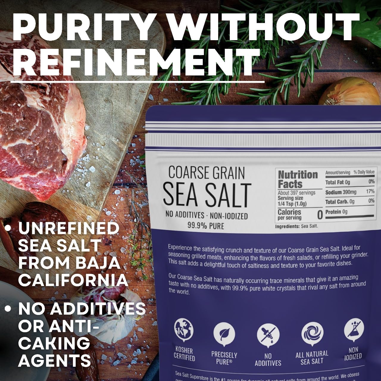Sea Salt Superstore Coarse Sea Salt for Grinder Refill, Coarse Grain Kosher, Non-Iodized Unrefined Baja Salt for Cooking, Mineral-Rich, 14 oz Bag