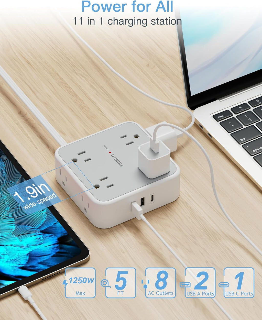 TESSAN Surge Protector Power Strip, 5 Ft Flat Plug Extension Cord with 3 USB (1 USB C) 8 Outlets, 1250W, 900J Protection, 3 Sided Outlet Extender with Power Switch for Office, Dorm Room Essentials