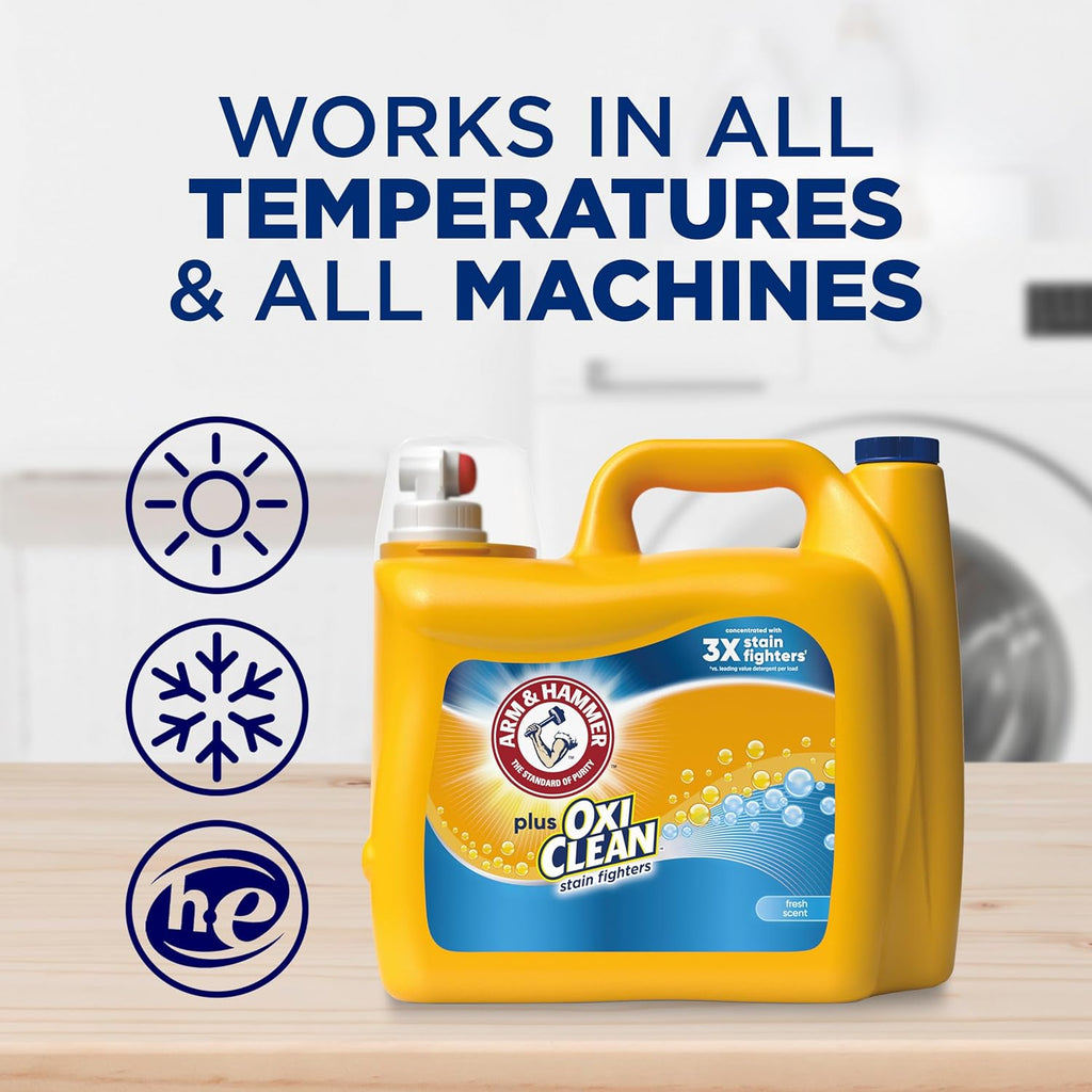ARM & HAMMER Plus OxiClean Stain Fighters Liquid Laundry Detergent, Fresh Scent, 166.5 fl oz, 128 Loads