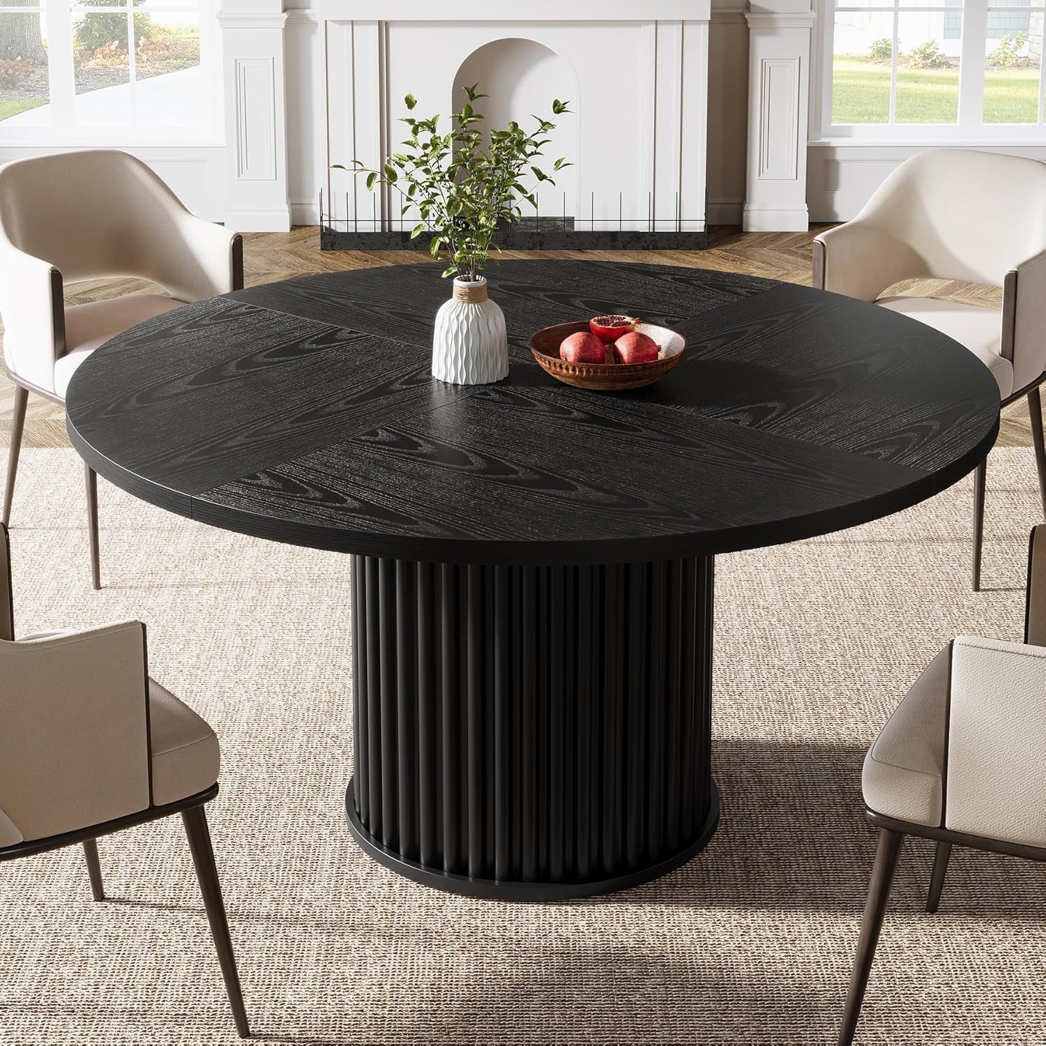Tribesigns 47.24-Inch Black Round Dining Table for 4-6 People, Modern Fluted MDF + Metal Base Kitchen Table, Sturdy Circle Dining Room Furniture, Black