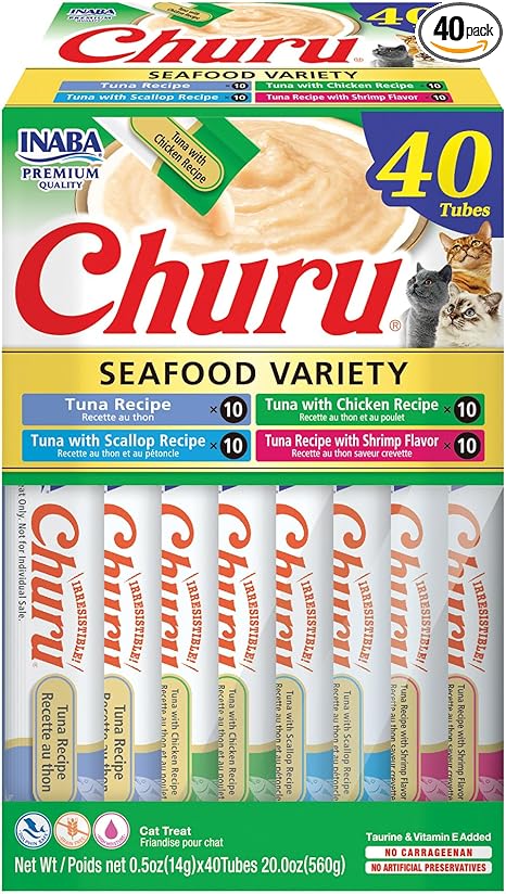 INABA Churu Cat Treats, Lickable, Squeezable Creamy Purée Cat Treat with Green Tea Extract & Taurine, 0.5 Ounces Each Tube, 40 Tubes, Tuna & Seafood Variety Box