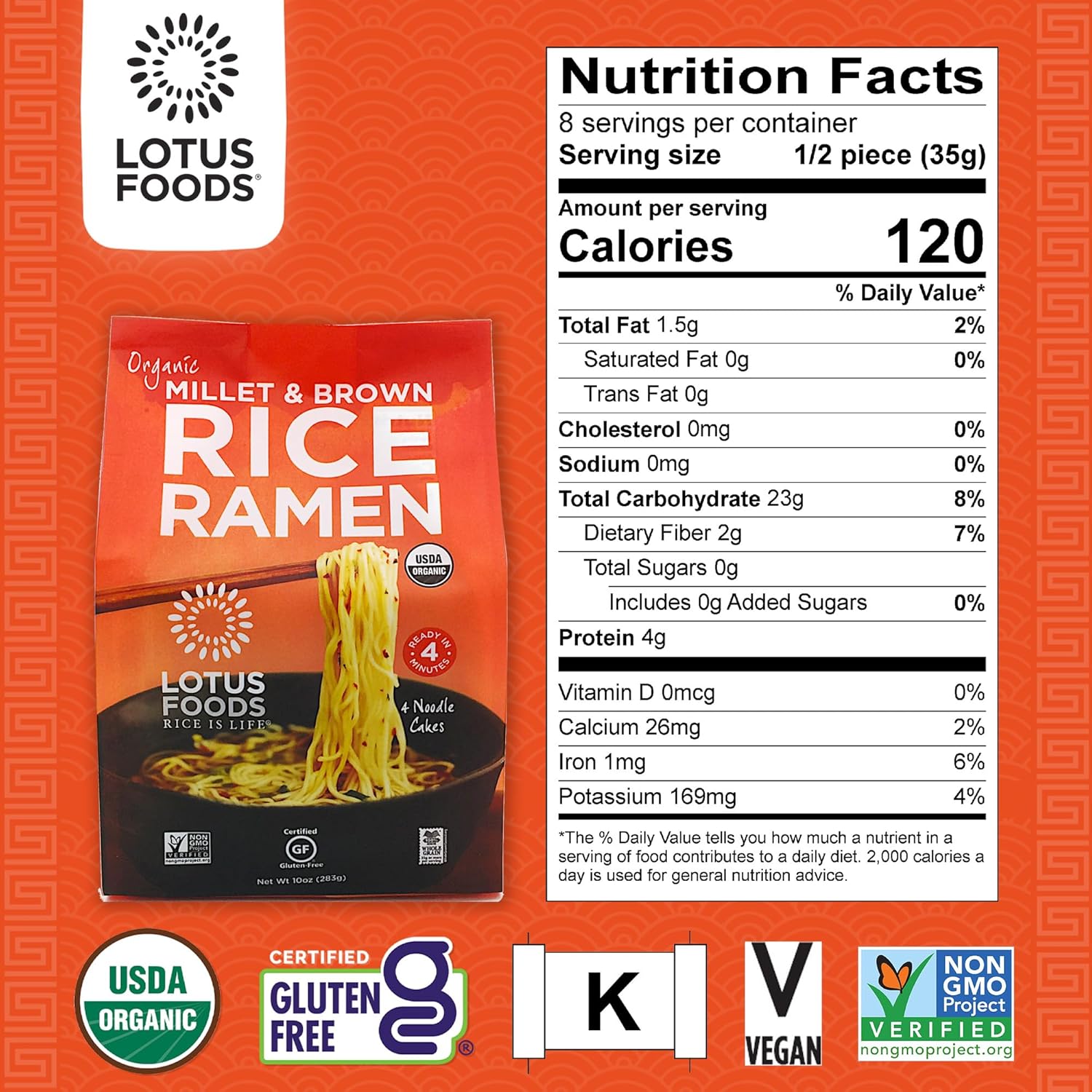 Lotus Foods Organic Millet and Brown Rice Ramen Noodles - Gluten Free Instant Ramen Noodles, Vegan, Low Sodium, Made with Brown Rice Flour and Millet Flour, Ready in 4 Minutes - 10 Oz Bag (Pack of 1)