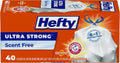 Hefty Ultra Strong 13 Gallon Trash Bags, Tall Kitchen Trash Bags 13 Gallon Size, Drawstring Closure, Continuous Odor Control, White, Unscented, 40 Bags
