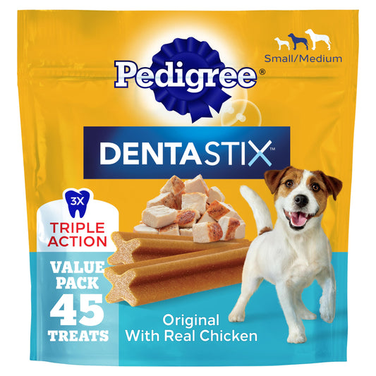 Pedigree Dentastix Small & Medium Breed Dog Treats, Original with Real Chicken, Dog Dental Treats, 21.1 oz. Bag (45 Treats Total)