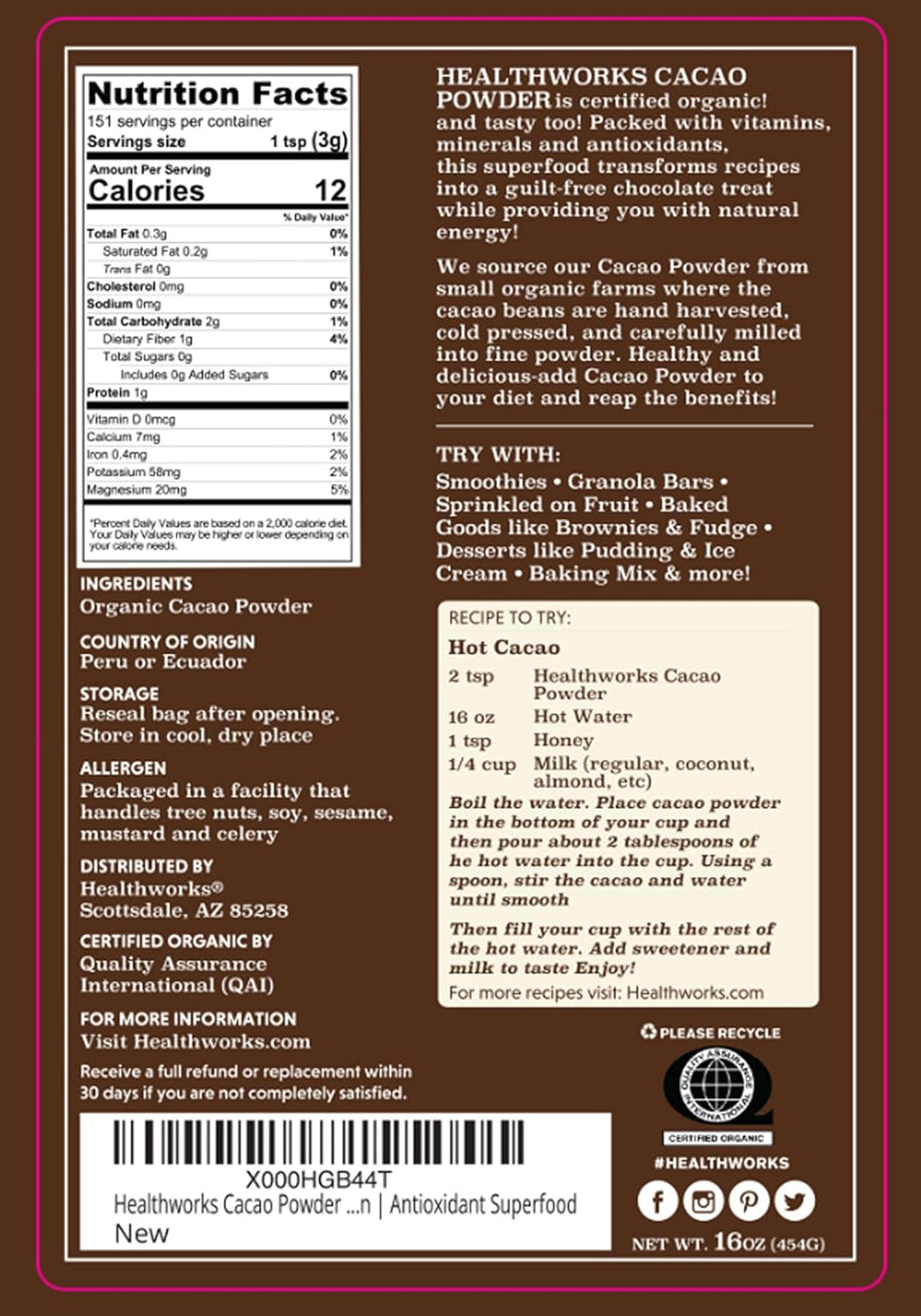 Healthworks Superfoods Organic Cacao Powder - 16 Oz / 1 Lb - Cocoa Chocolate Substitute - Rich Chocolate Flavour - Sugar-Free, Keto, Vegan & Non-GMO - Peruvian Bean/Nut Origin - Antioxidant Superfood