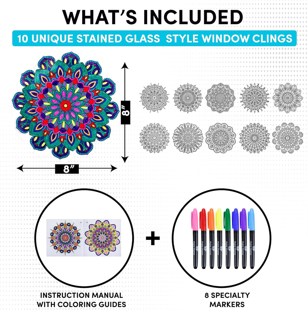 Hula Home Stained Glass Mandala Art Kit - DIY Window Clings with Markers, 10 Suncatchers - Perfect Hobby for Adults, Kids, Teens & Seniors - Ideal Gift for Beginners, Women & Elderly