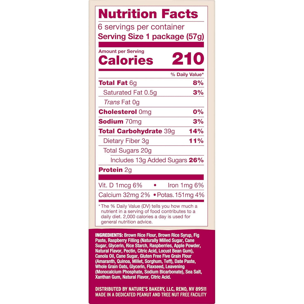 Nature’s Bakery Gluten Free Fig Bars, Raspberry, Real Fruit, Vegan, Non-GMO, Snack Bar, 1 box with 6 twin packs (6 twin packs)