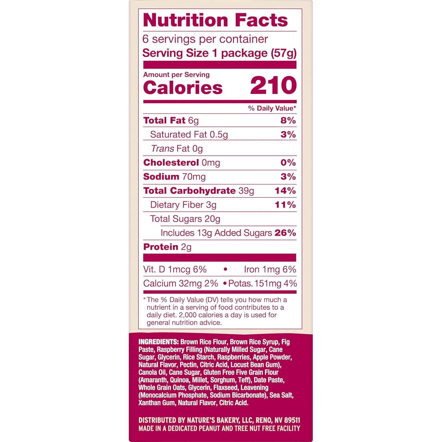 Nature’s Bakery Gluten Free Fig Bars, Raspberry, Real Fruit, Vegan, Non-GMO, Snack Bar, 1 box with 6 twin packs (6 twin packs)