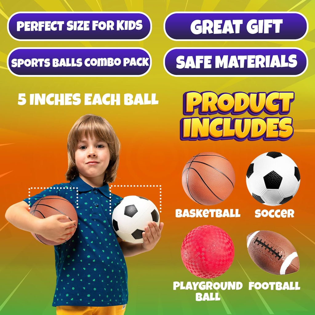 Bedwina Sports Balls for Kids & Toddlers - 5-inch Sports Balls Set Includes Football, Small Soccer Ball, Basketball, and Playground Balls, Fun Indoors & Outdoor Toys (Hand Pump Included)