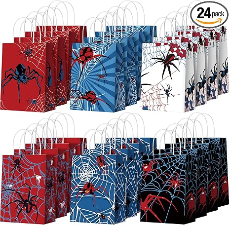 Epakh 24 Pcs Spider Party Favors Bags with Handles Spider Birthday Party Decorations Double Sided Goodie Candy Bags (Class Spider)