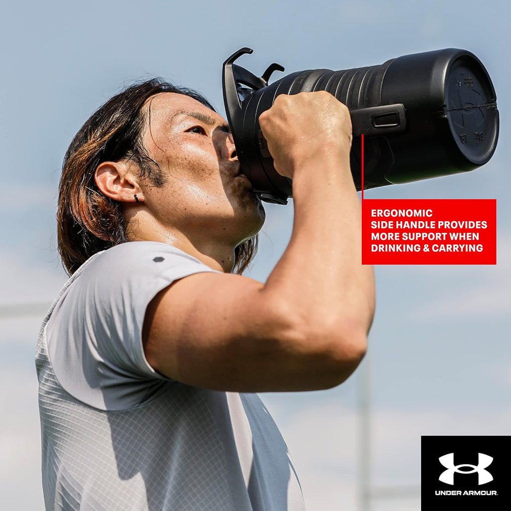 Under Armour Half Gallon Water Bottle Insulated, 64oz Insulated Water Bottle with Handle, Fence Hook, Leak Resistant, for Baseball, Football & More, Black/Black