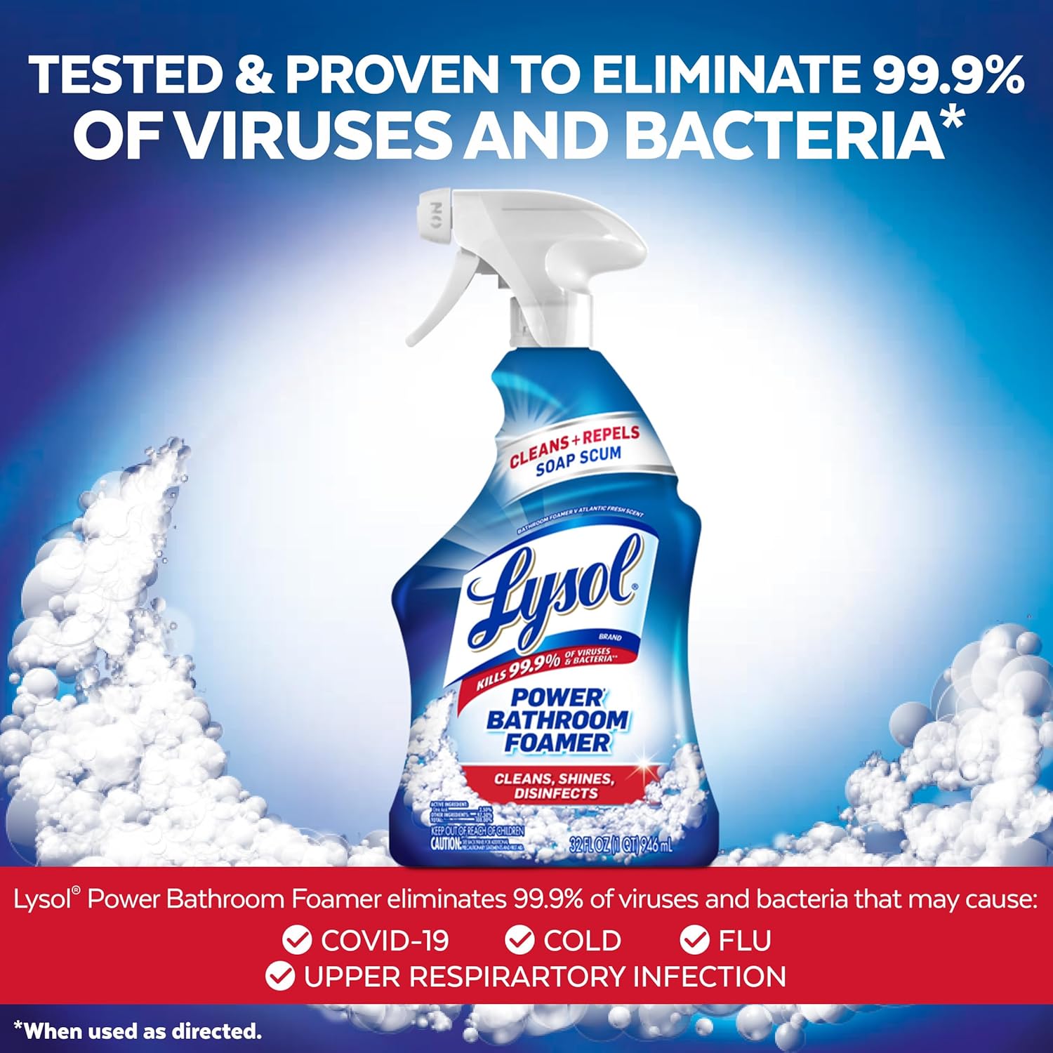 Lysol Power Foaming Bathroom Cleaner, Multipurpose Cleaner For Showers, Bathtubs, Sinks, Disinfectant Spray Kills 99.9% Of Germs, Zero Bleach Cleaning Spray, 32 Oz.