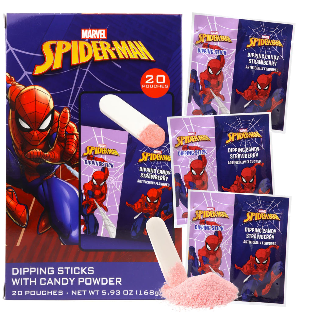 Spiderman Candy Dipping Sticks Strawberry Flavored Powder, Birthday Party Treats, 20 Pouches