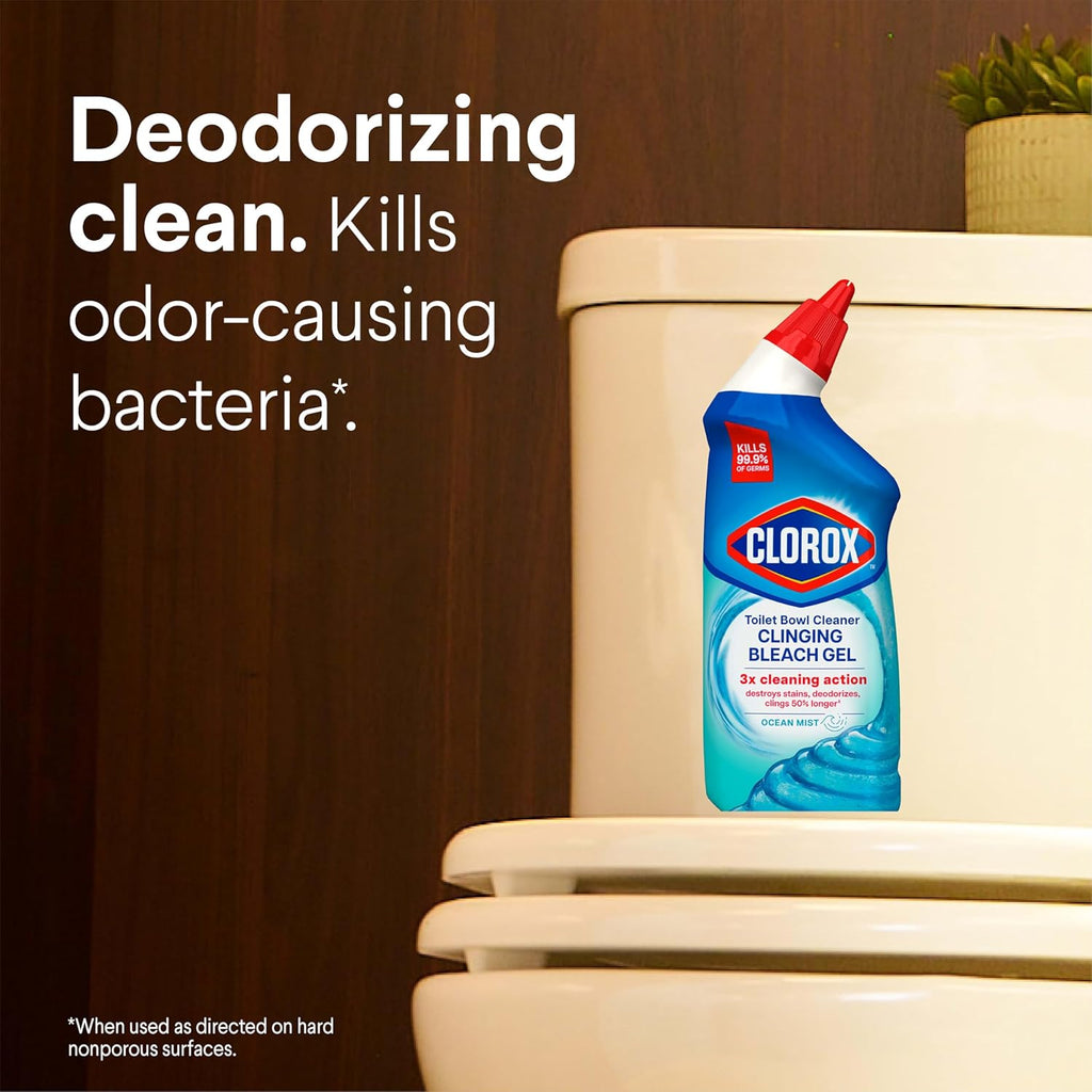 Clorox Toilet Bowl Cleaner, Clinging Bleach Gel, Ocean Mist - 24 Ounces, Pack of 2