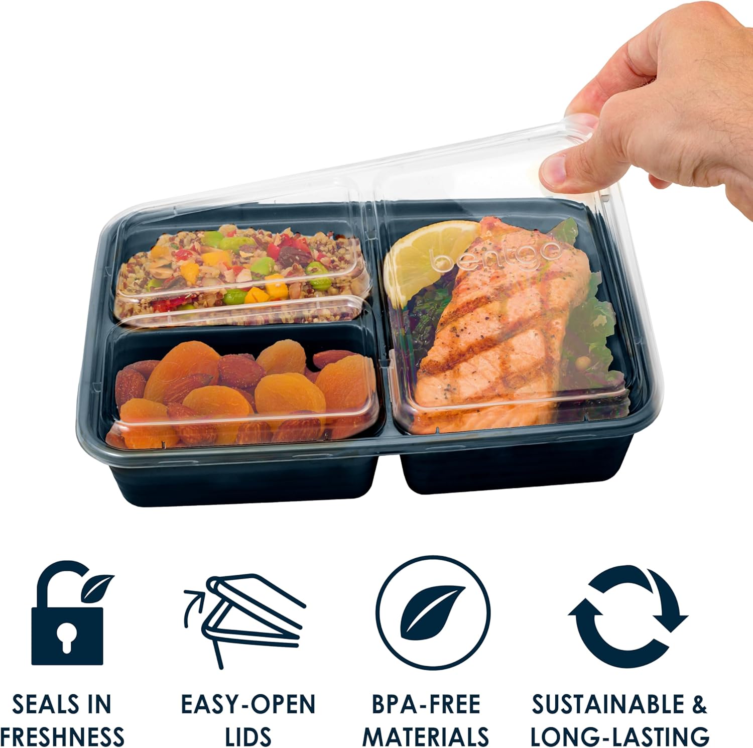 Bentgo Prep - 20-Piece 3-Compartment Reusable Meal Prep Containers with Lids, PFAS & BPA Free Materials, Durable, Microwave, Freezer, & Dishwasher Safe To Go Food Storage (Navy Blue)