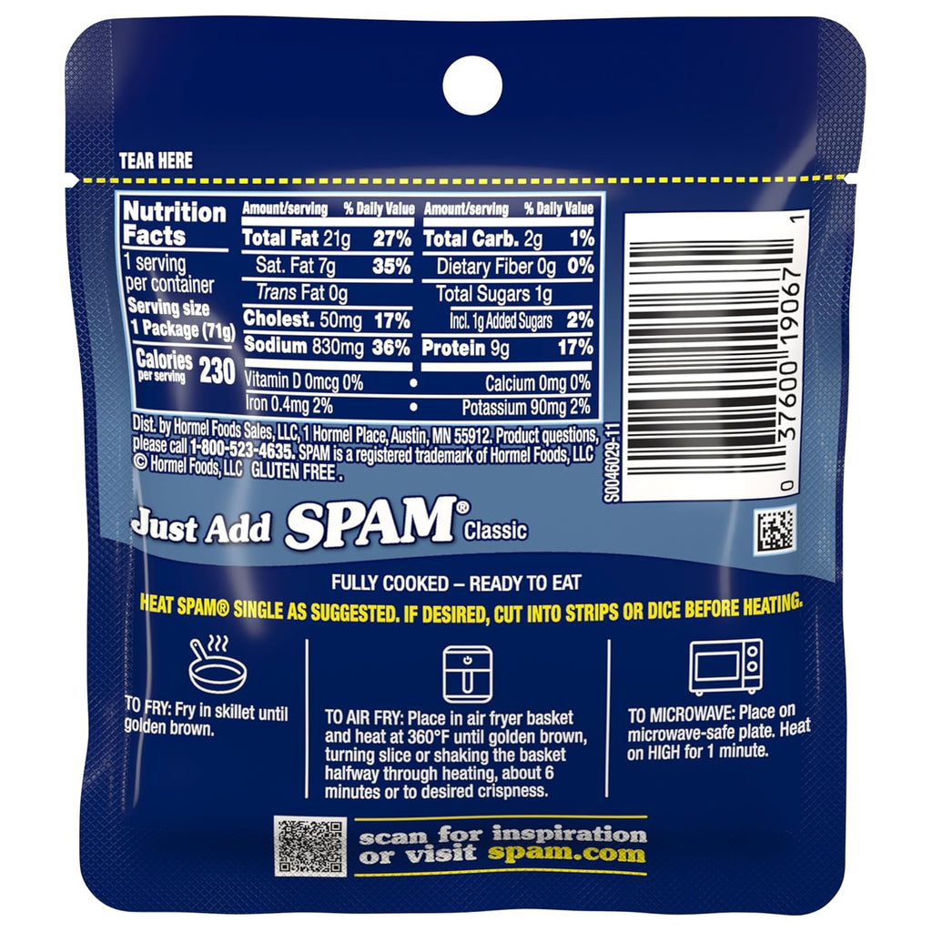 SPAM Classic Single, 9 Grams of Protein Per Serving, 2.5 oz Single Pouches, (12 Pack)