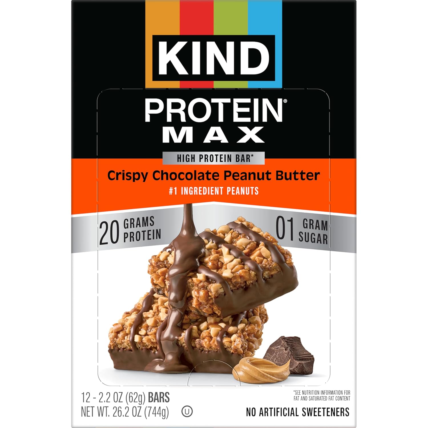 KIND Protein MAX Crispy Chocolate Peanut Butter Snack Bars, 20g of Protein, Keto Friendly, 1g of Sugar Per Bar, Gluten Free, 12 Count Box