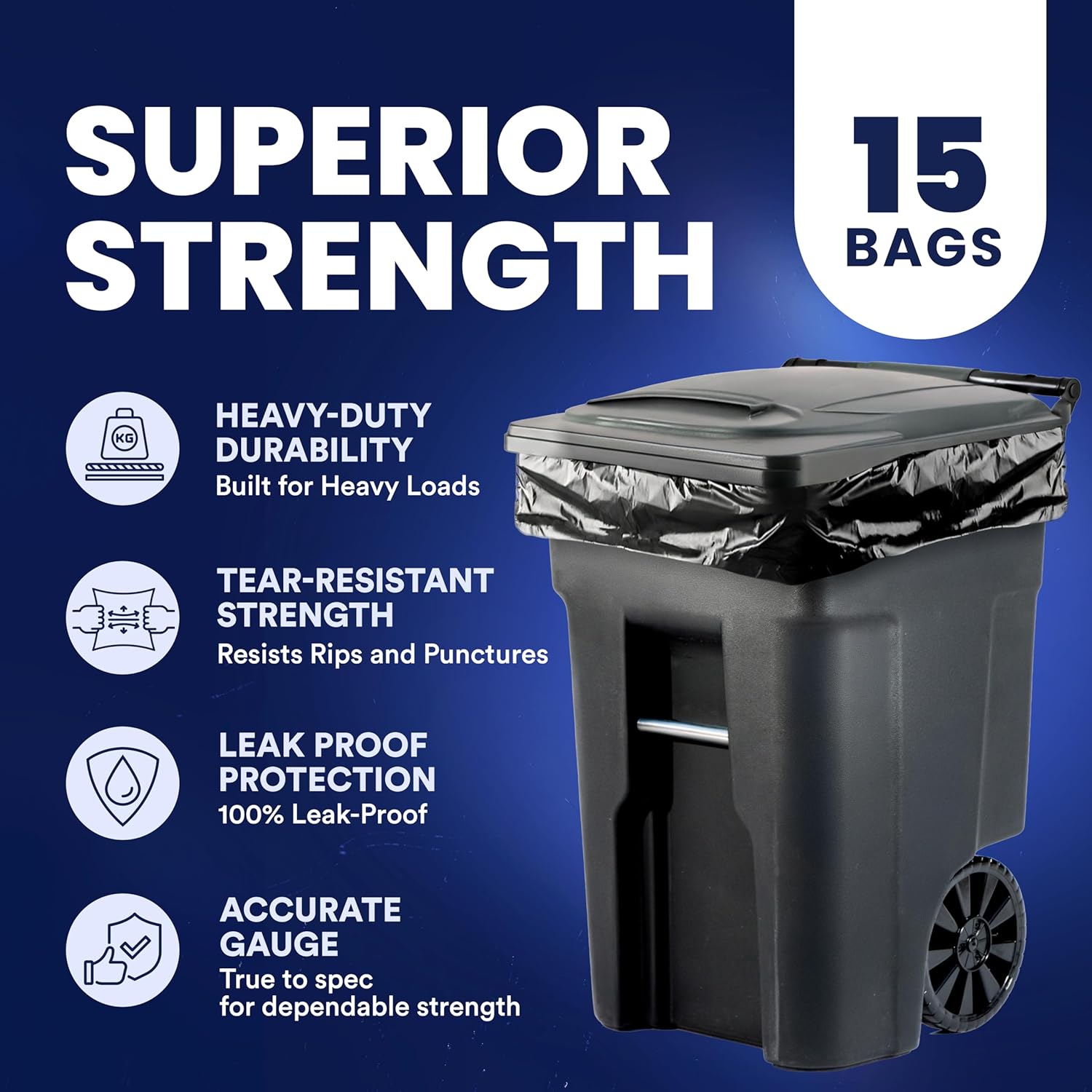 Plasticplace 95-96 Gallon Heavy Duty Black Trash Bags - Contractor Grade, Extra Large Garbage Bags for Construction & Outdoor Trash Cans, 1.2 Mil Thick, 61” x 68” (15 Count Roll)