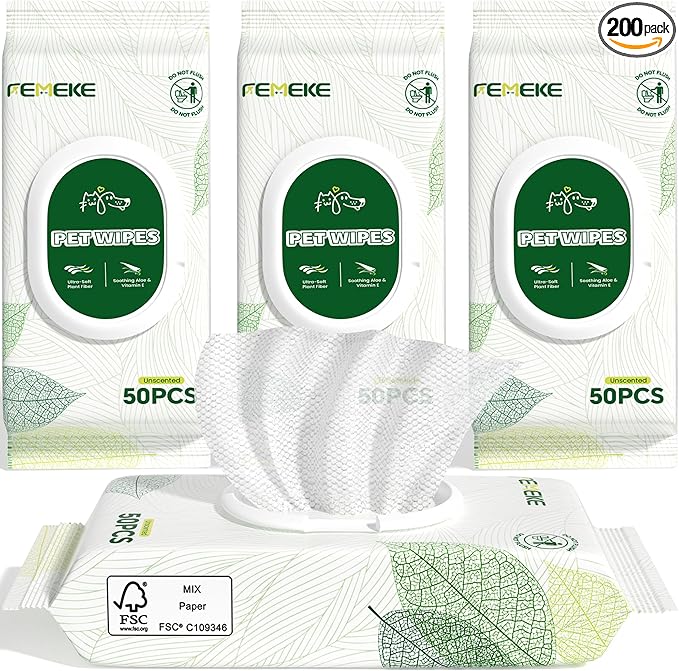 Unscented Dog Wipes & Cat Wipes (4x50 Packs) | Hypoallergenic, pH Balanced for Paws, Body, Eyes & Ears Grooming |All-Natural Plant Fiber Wipes with Aloe & Vitamin E | Pearl Texture