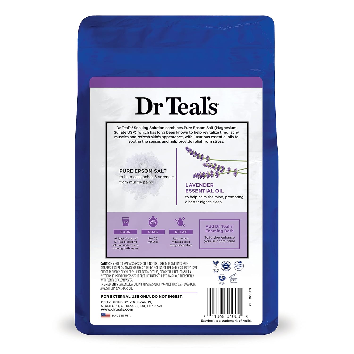 Dr Teal's Pure Epsom Magnesium Salt Soak, Soothe & Sleep with Lavender, 3 lb (Pack of 4)