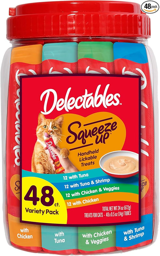 Delectables Squeeze Up Variety Pack, Creamy Squeezable Puree, Lickable Wet Cat Treats, Grain Free, No Added Fillers, No By-Products, No Added Preservatives, 0.5 Ounces Tube, 48 Tubes Total