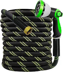Junredy Garden Hose 25 FT, NON-EXPANDABLE Heavy-Duty Flexible & Lightweight Water Hose with 10-Function Nozzle, No-Kink, Leak-Proof Super Fabric, Solid Fittings for Lawn, Car, Outdoor (Black Green)