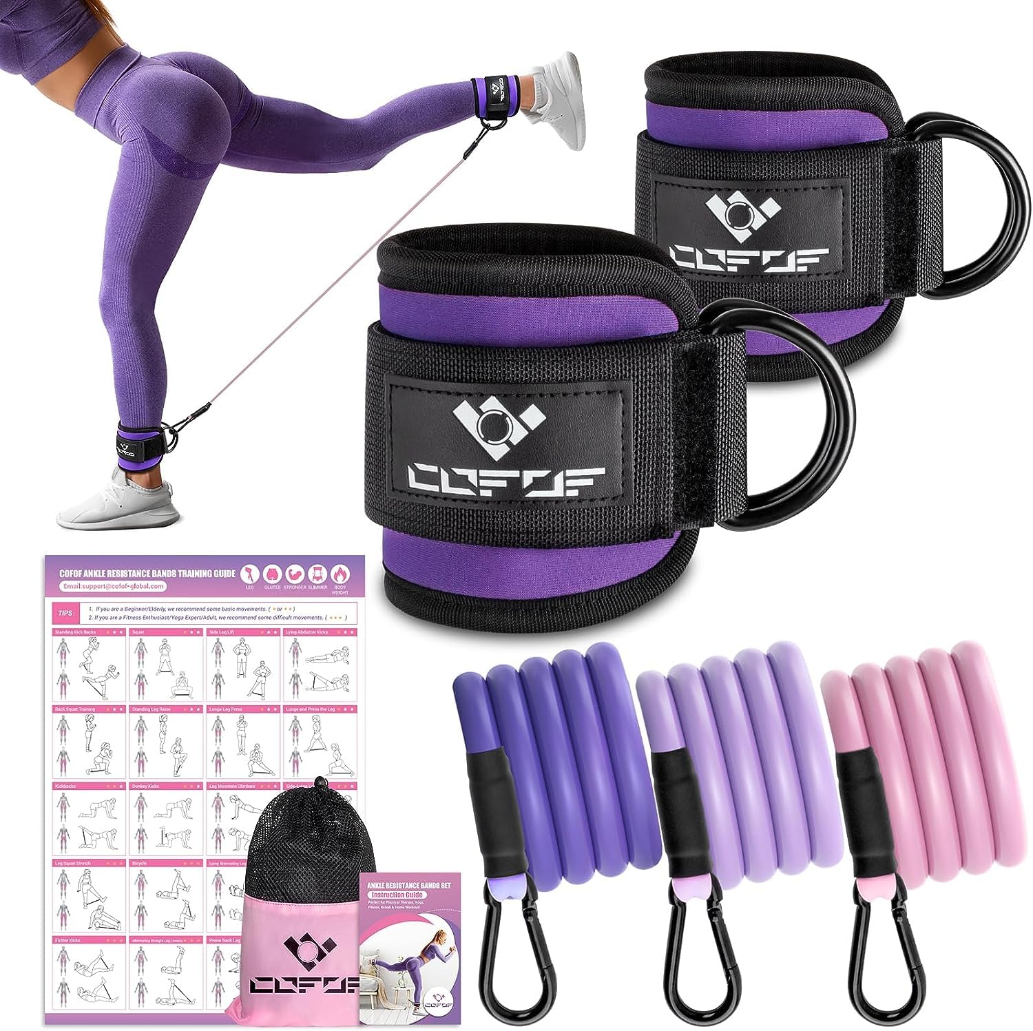 Ankle Resistance Bands with Cuffs, Ankle Bands for Working Out, Kickbacks Hip, Leg Glute Exercise Equipment with Training Poster, Resistance Workout Equipment for Women