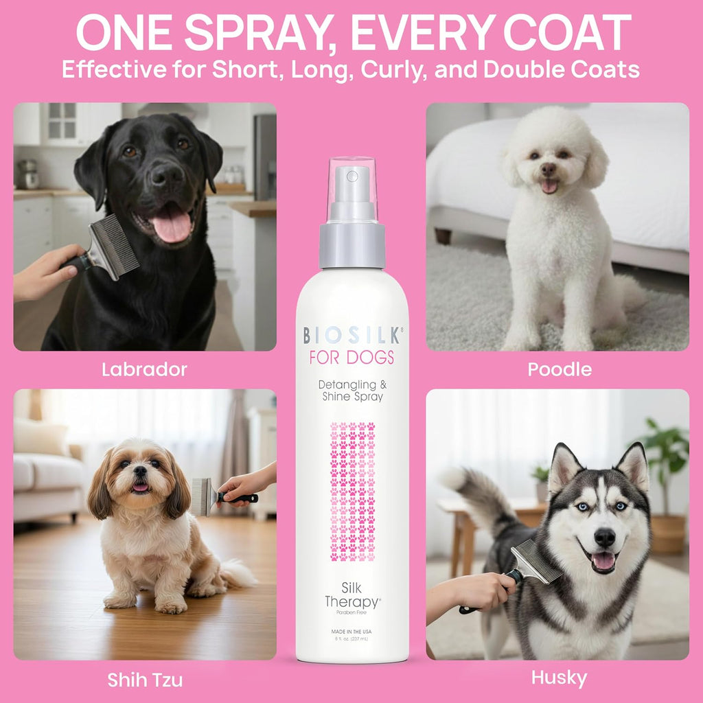 BioSilk for Dogs Silk Therapy Detangling Plus Shine Mist for Dogs | Best Detangling Spray for All Dogs & Puppies for Shiny Coats and Dematting | 8 Oz Bottle (Packaging May Vary),WHITE (Pack of 1)