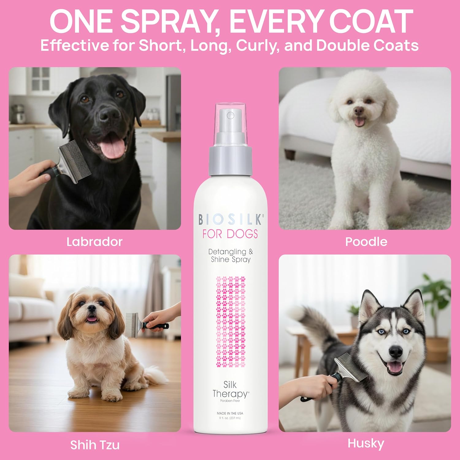 BioSilk for Dogs Silk Therapy Detangling Plus Shine Mist for Dogs | Best Detangling Spray for All Dogs & Puppies for Shiny Coats and Dematting | 8 Oz Bottle (Packaging May Vary),WHITE (Pack of 1)