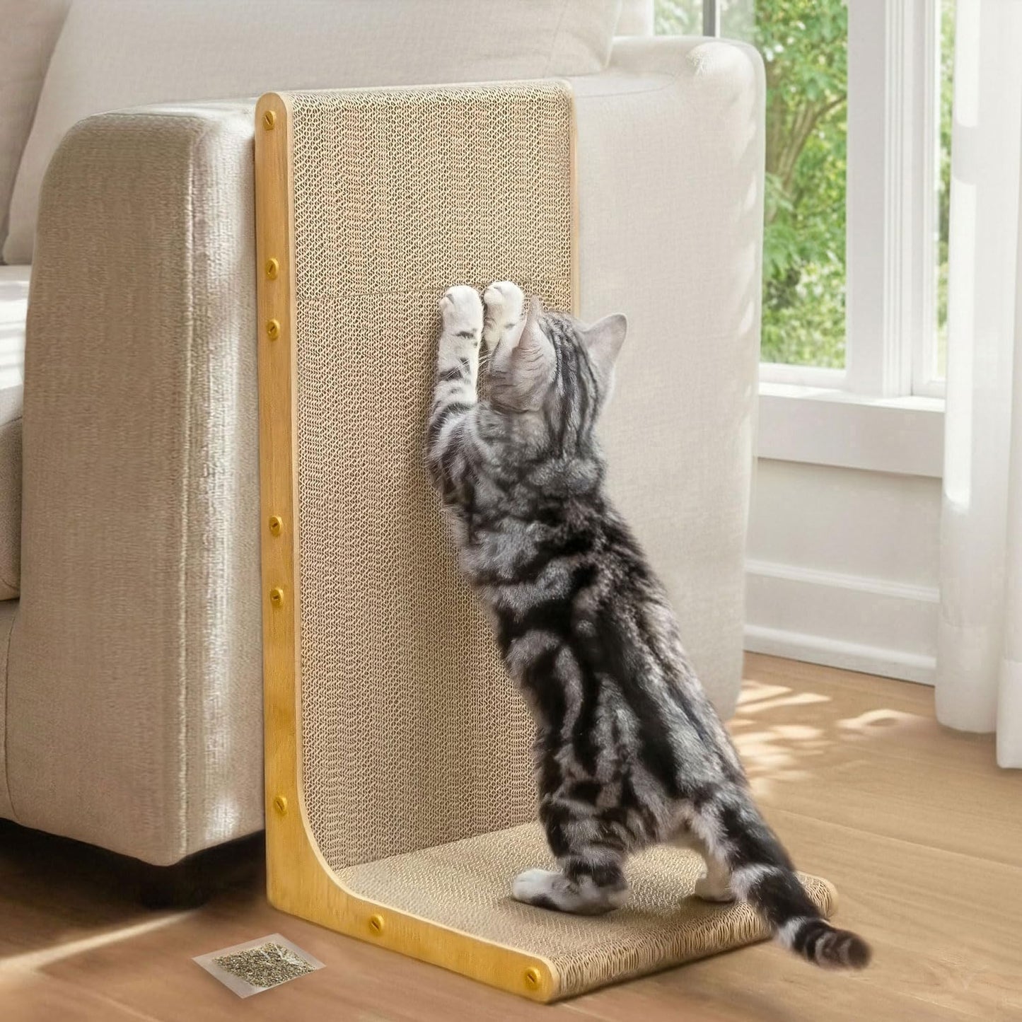 Conlun Cardboard Cat Scratcher, 23" L-Shaped Scratch Pad, Vertical Wall-Leaning Scratching Board to Protect Furniture for Indoor Cats,Wood Grain Large