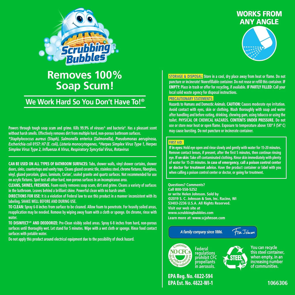 Scrubbing Bubbles Bathroom and Shower Cleaner Disinfectant Aerosol, Foaming Action Bathroom Grime Fighter, Rainshower Scent, 20oz