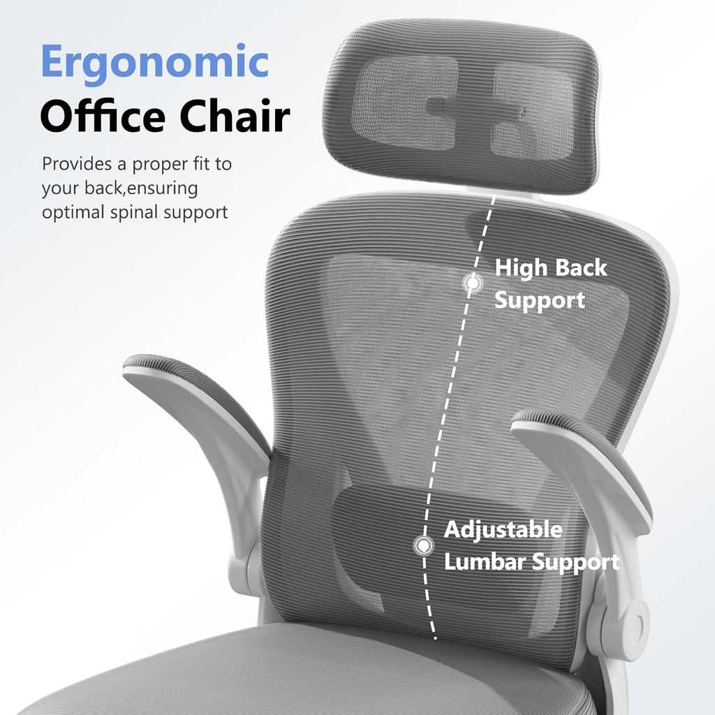 Ergonomic Office Chair M903, Computer Desk Chair with Wheels, High Back Mesh Office Chair with Adjustable Lumbar Support, Headrest, Flip-Up Armrests, Withe Grey