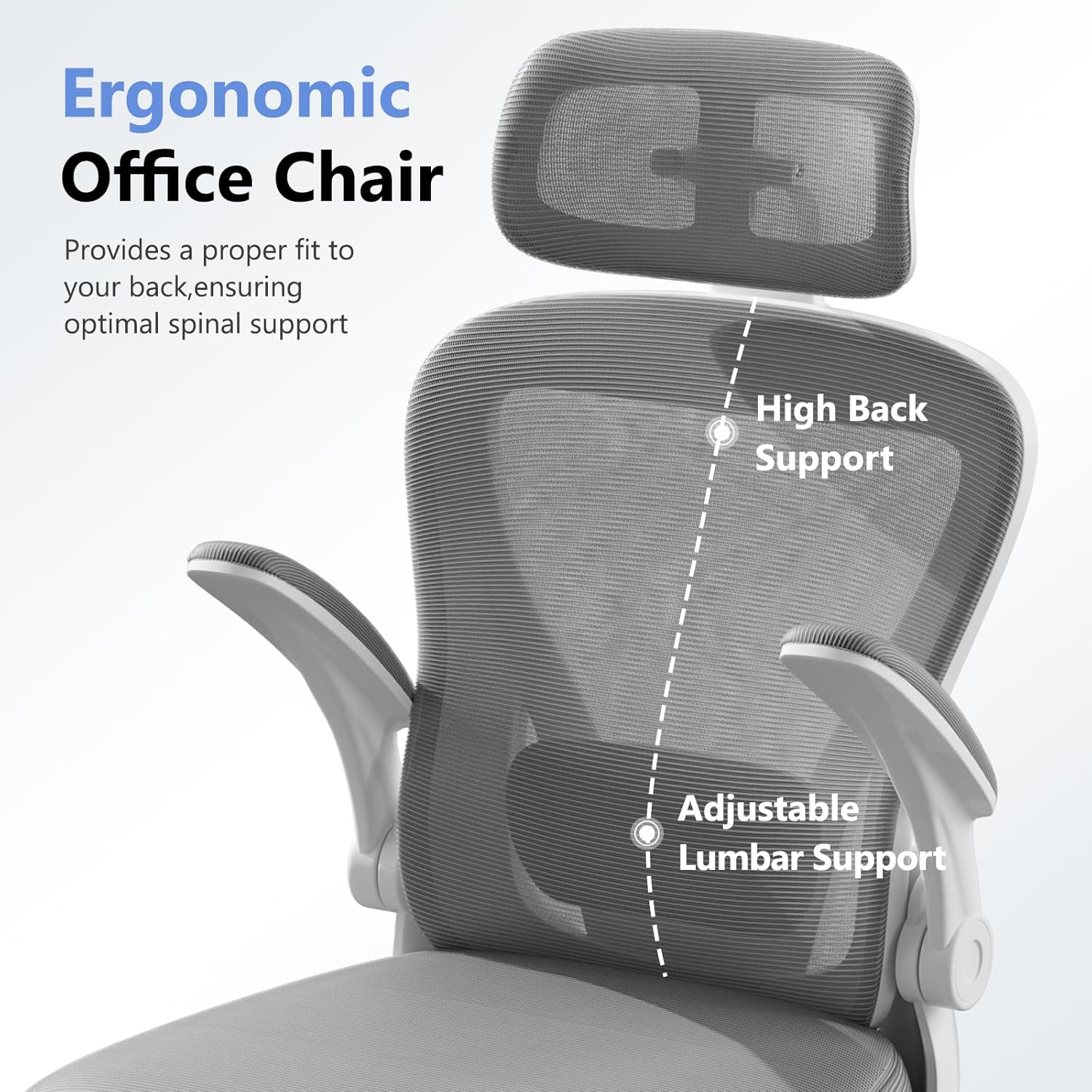 Ergonomic Office Chair M903, Computer Desk Chair with Wheels, High Back Mesh Office Chair with Adjustable Lumbar Support, Headrest, Flip-Up Armrests, Withe Grey