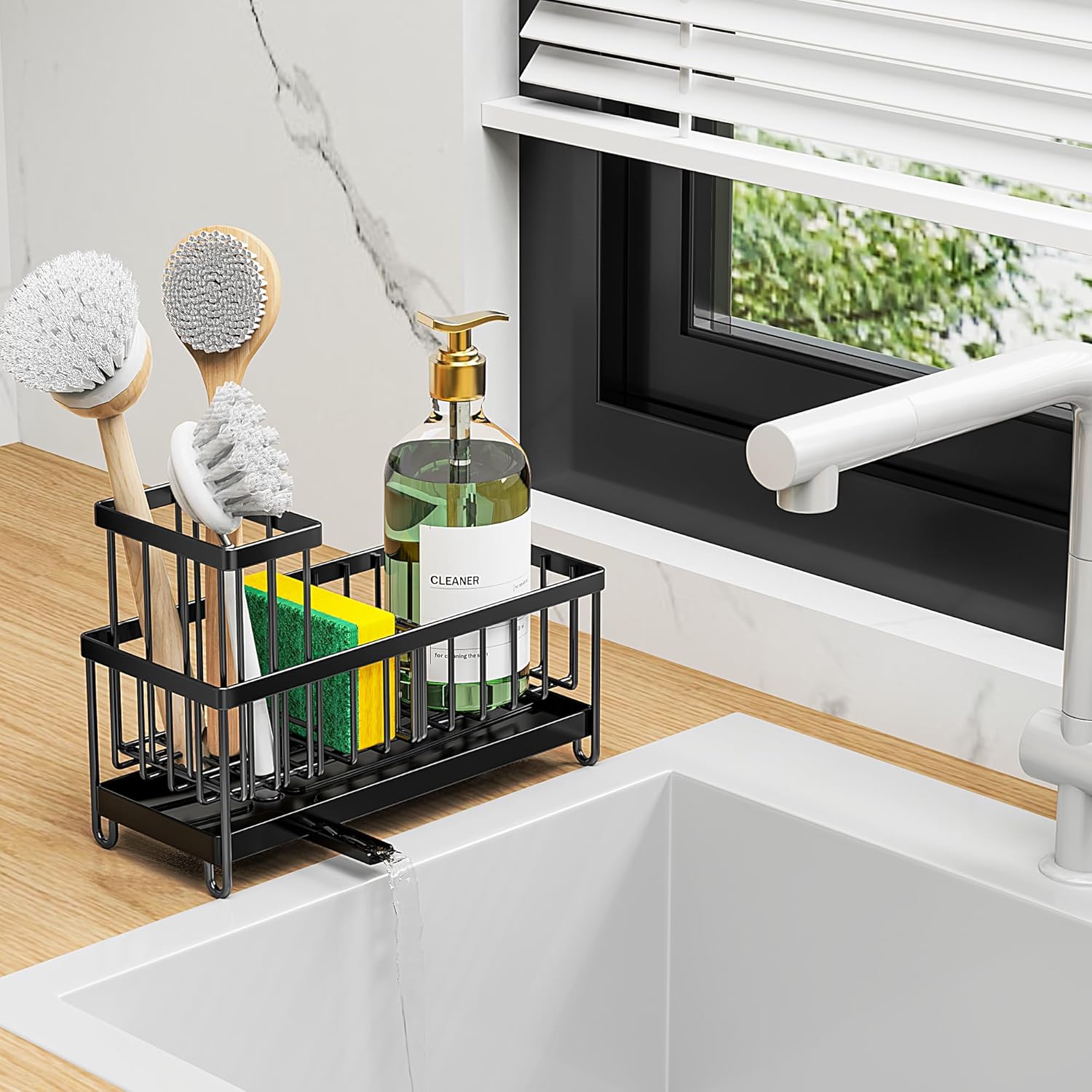 Cisily Black Sponge Holder for Kitchen Sink, Sink Caddy Organizer with High Brush Holder, Kitchen Countertop Organizers and Storage Essentials, Rustproof 304 Stainless Steel, Soap Dispenser Organize