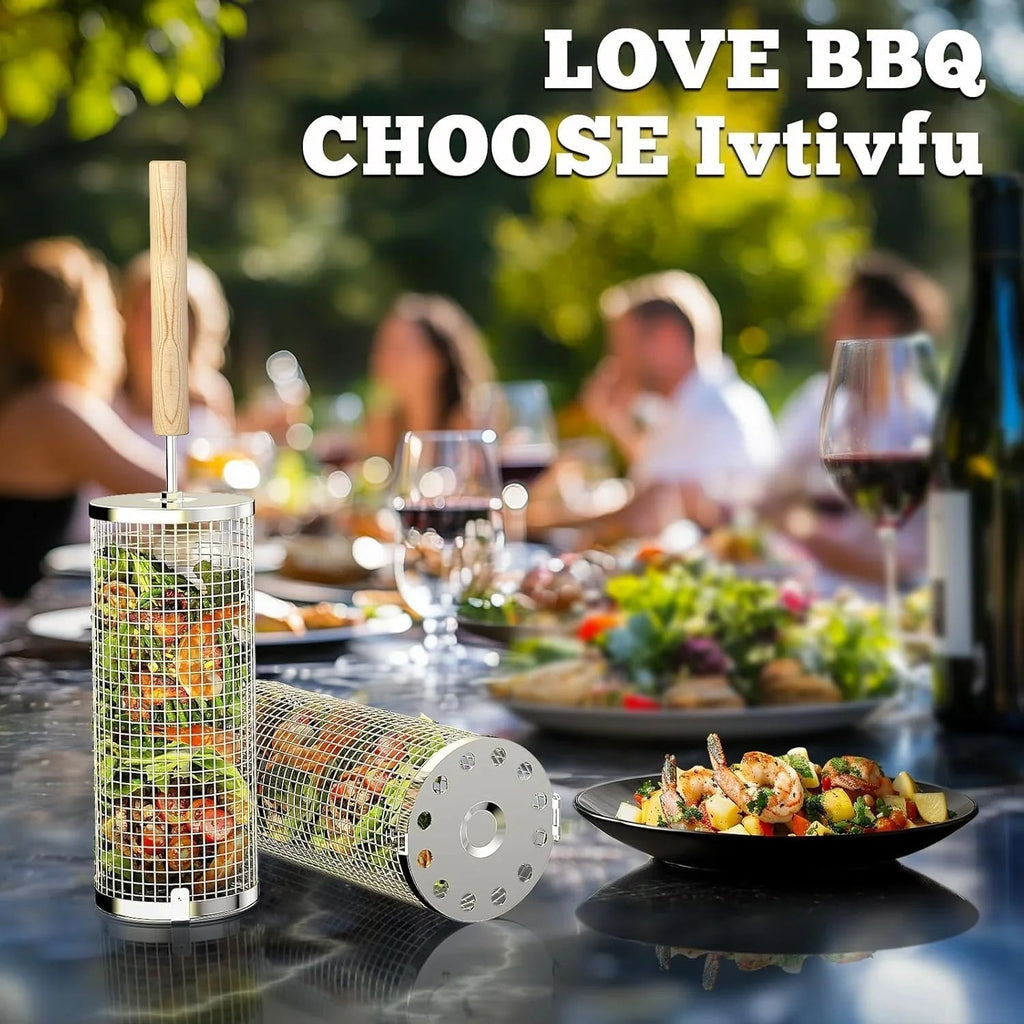Nesting Grill Baskets (2PCS) with Removable Wooden Handle, Stainless Steel BBQ Tools - Cart Shape