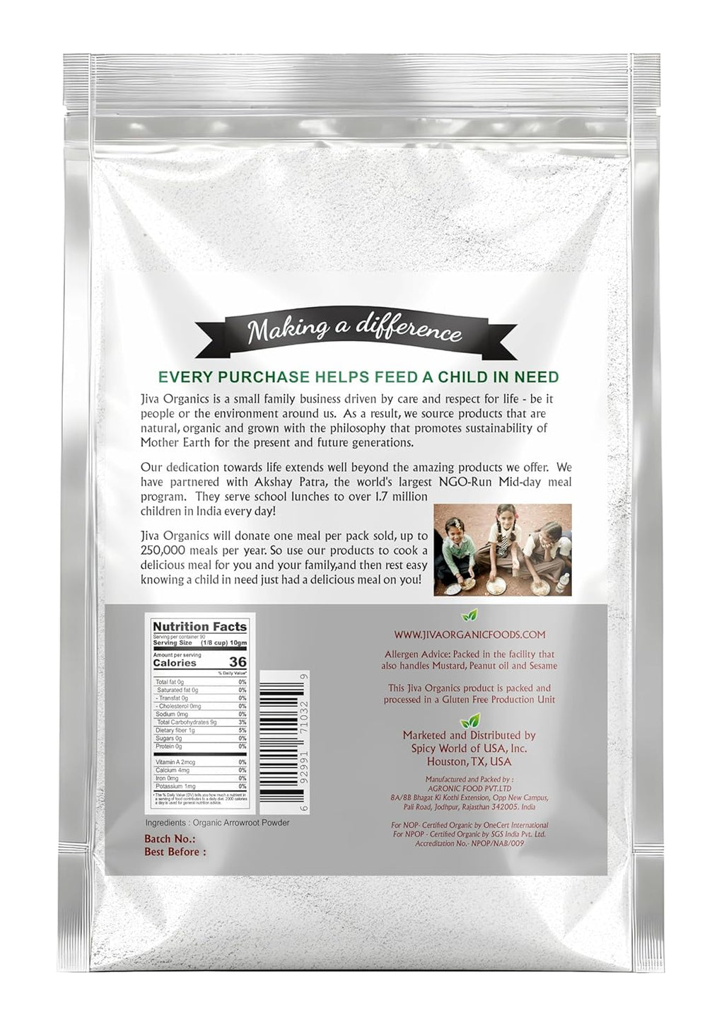 Jiva Organics Organic Arrowroot Flour (Powder) 2 Pound Bag - Raw, Non-GMO, Gluten Free